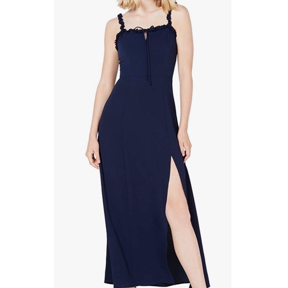 NWT Teeze Me Navy Blue Ruffle Trim Crepe Side Slit Maxi Dress Womens Size 9/10